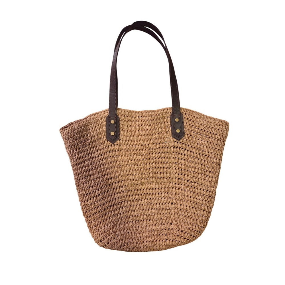 J.Crew Large Straw Market Tote Brown Leather Shoulder Bag Summer, Beach, Travel